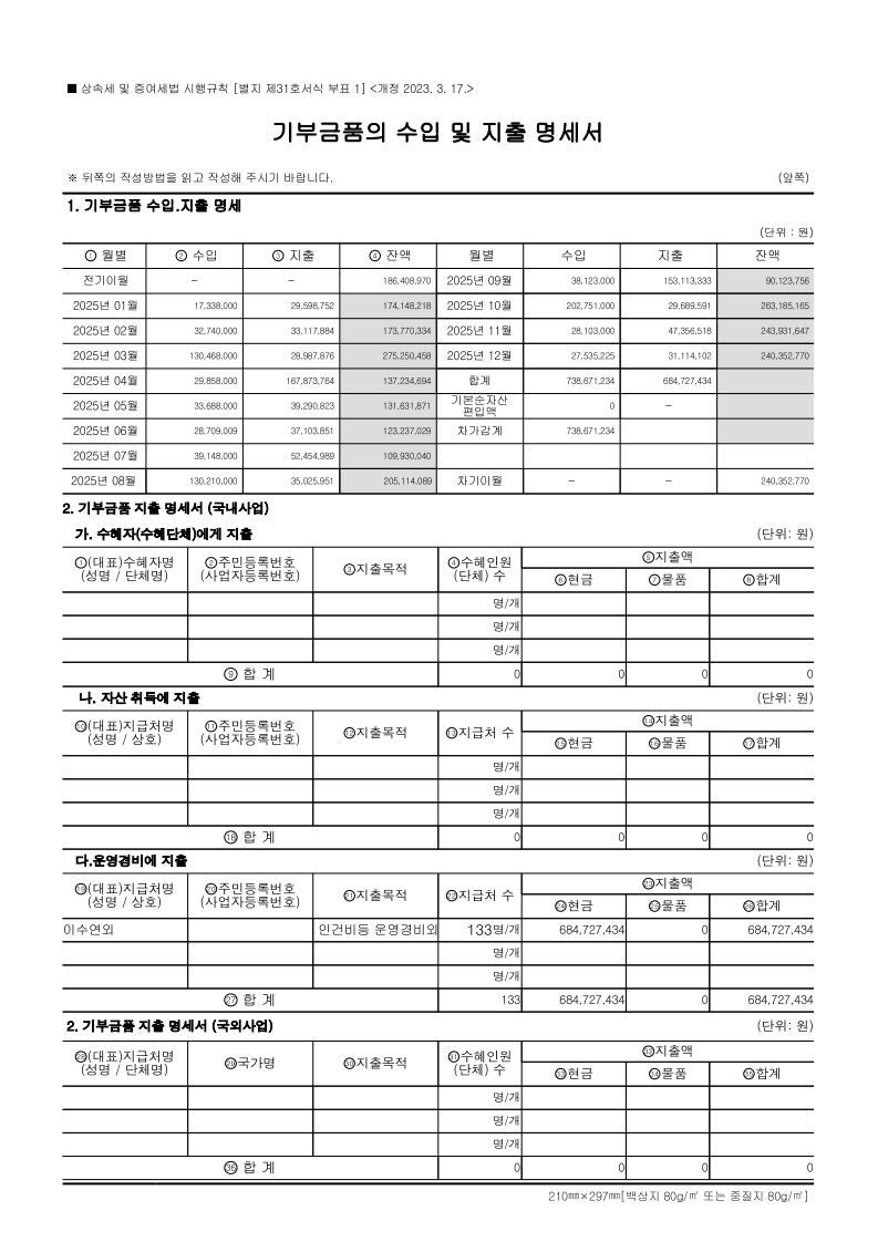 2025년기부금품의 수입 및 지출 명세서